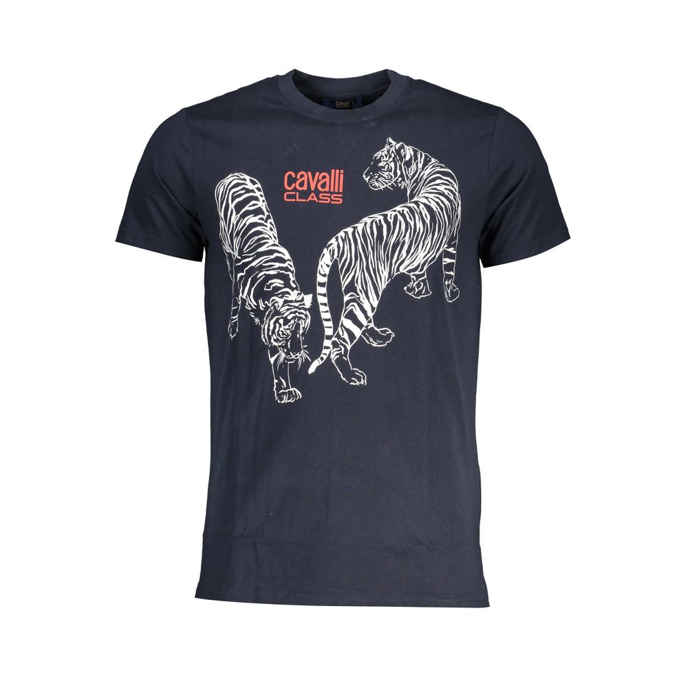 Cavalli Class Blu cotton men's T-shirt featuring a simple crew neck and short sleeves, displayed flat.