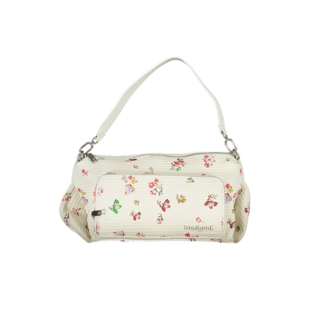 Desigual white polyurethane women’s handbag with top handles and minimalist design, featuring subtle textured surface.