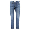 Calvin Klein blue cotton men's jeans shown with front pockets, belt loops, and classic straight-leg fit.
