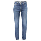 Calvin Klein blue cotton men's jeans shown with front pockets, belt loops, and classic straight-leg fit.