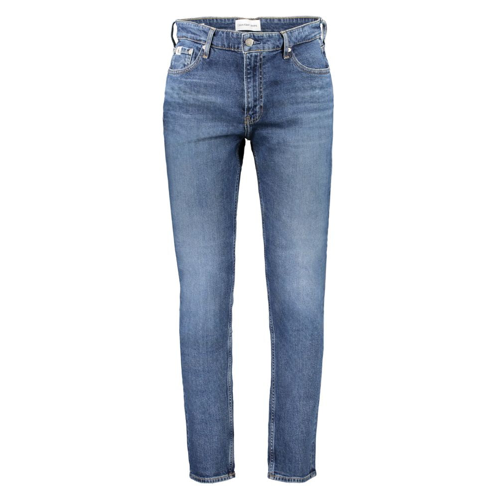 Calvin Klein blue cotton men's jeans shown with front pockets, belt loops, and classic straight-leg fit.