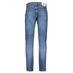 Calvin Klein men's blue cotton jeans with classic five-pocket design and straight-leg fit, showing the denim texture and stitching.