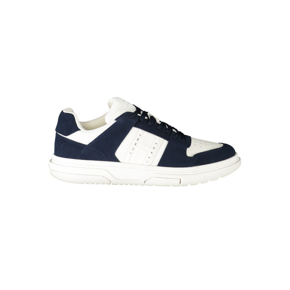 Tommy Hilfiger blue polyurethane men's sneaker with white sole and logo accents, casual athletic shoe for everyday wear