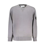 Calvin Klein gray cotton men's sweater with crew neckline, long sleeves, and ribbed cuffs and hem.