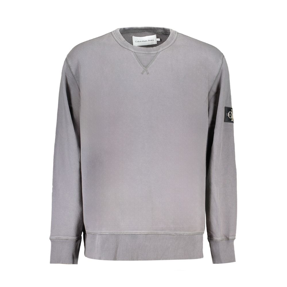 Calvin Klein gray cotton men's sweater with crew neckline, long sleeves, and ribbed cuffs and hem.