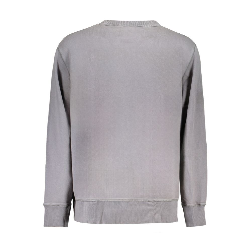 Calvin Klein gray cotton men's sweater displayed on a hanger, showcasing a classic crewneck design.