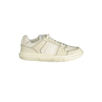 Tommy Hilfiger white polyurethane men's sneaker with laces and logo detail on side, casual athletic footwear.