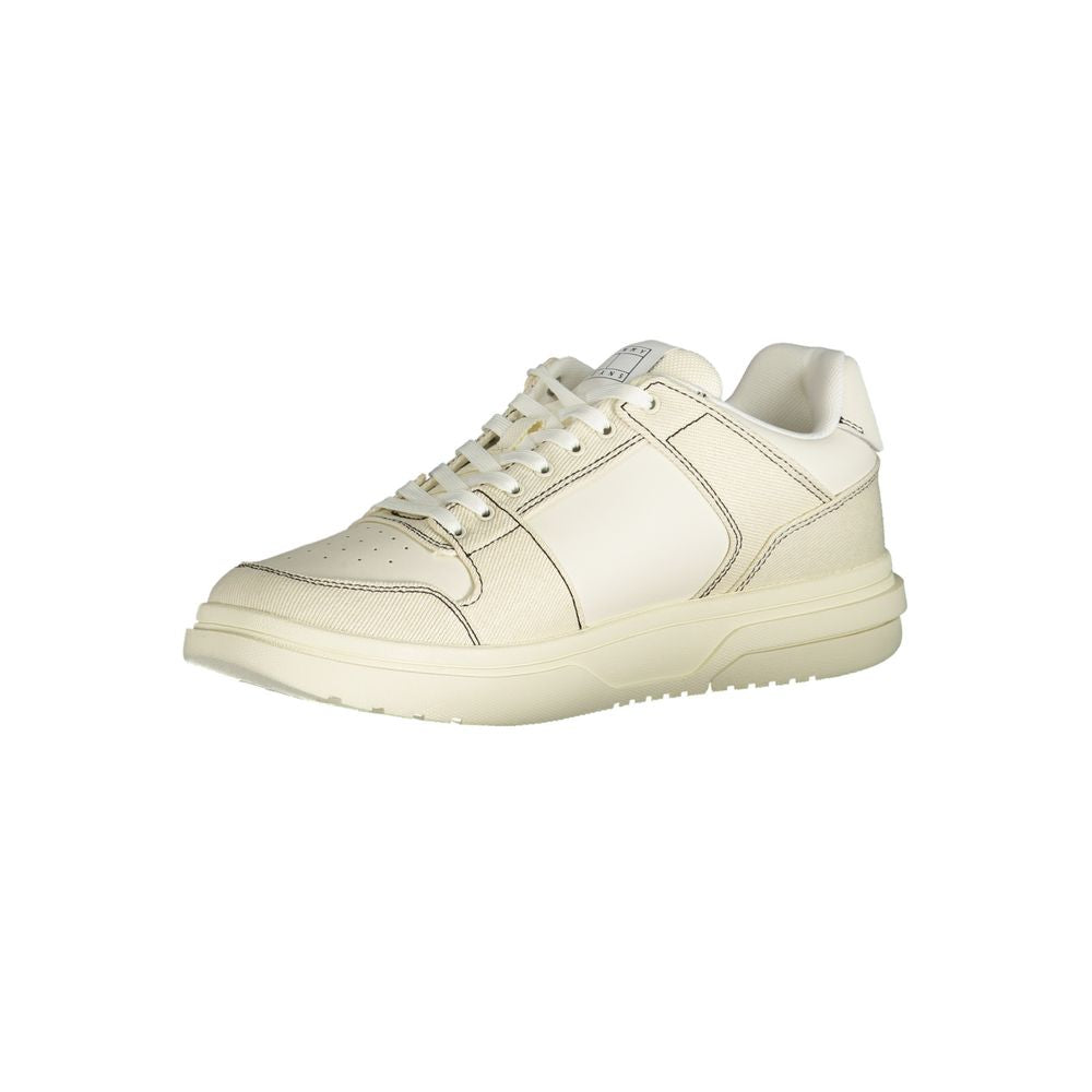 Tommy Hilfiger white polyurethane men's sneaker showing sleek design with white laces and brand logo detail.