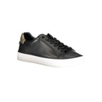 Calvin Klein black leather women's sneaker with white sole and sleek design, featuring laced closure for casual style.