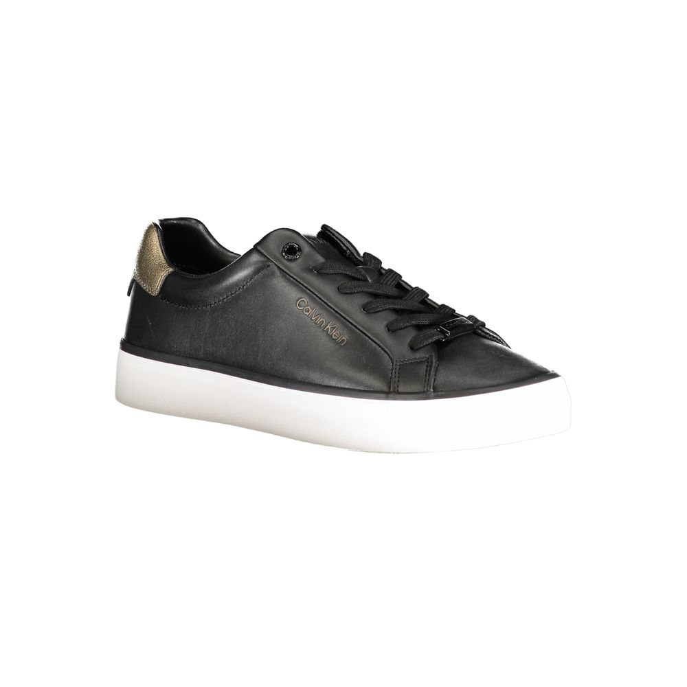Calvin Klein black leather women's sneaker with white sole and sleek design, featuring laced closure for casual style.