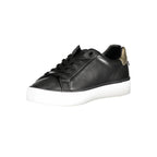 Black leather women's sneaker by Calvin Klein featuring a sleek design and white rubber sole.