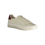 Calvin Klein beige leather women's sneaker with white sole and sleek design, perfect for casual and sporty looks.