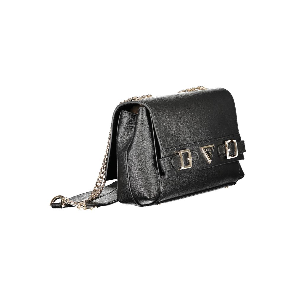 Black Guess Jeans polyurethane women's handbag with sleek design and gold-tone hardware, featuring top handles and spacious interior.