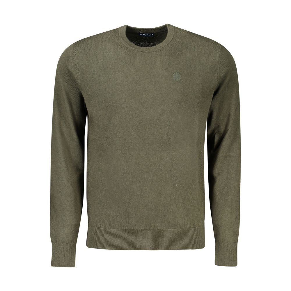 North Sails Verde cotton men's sweater displayed on a hanger, featuring a classic crew neck and long sleeves in green fabric.