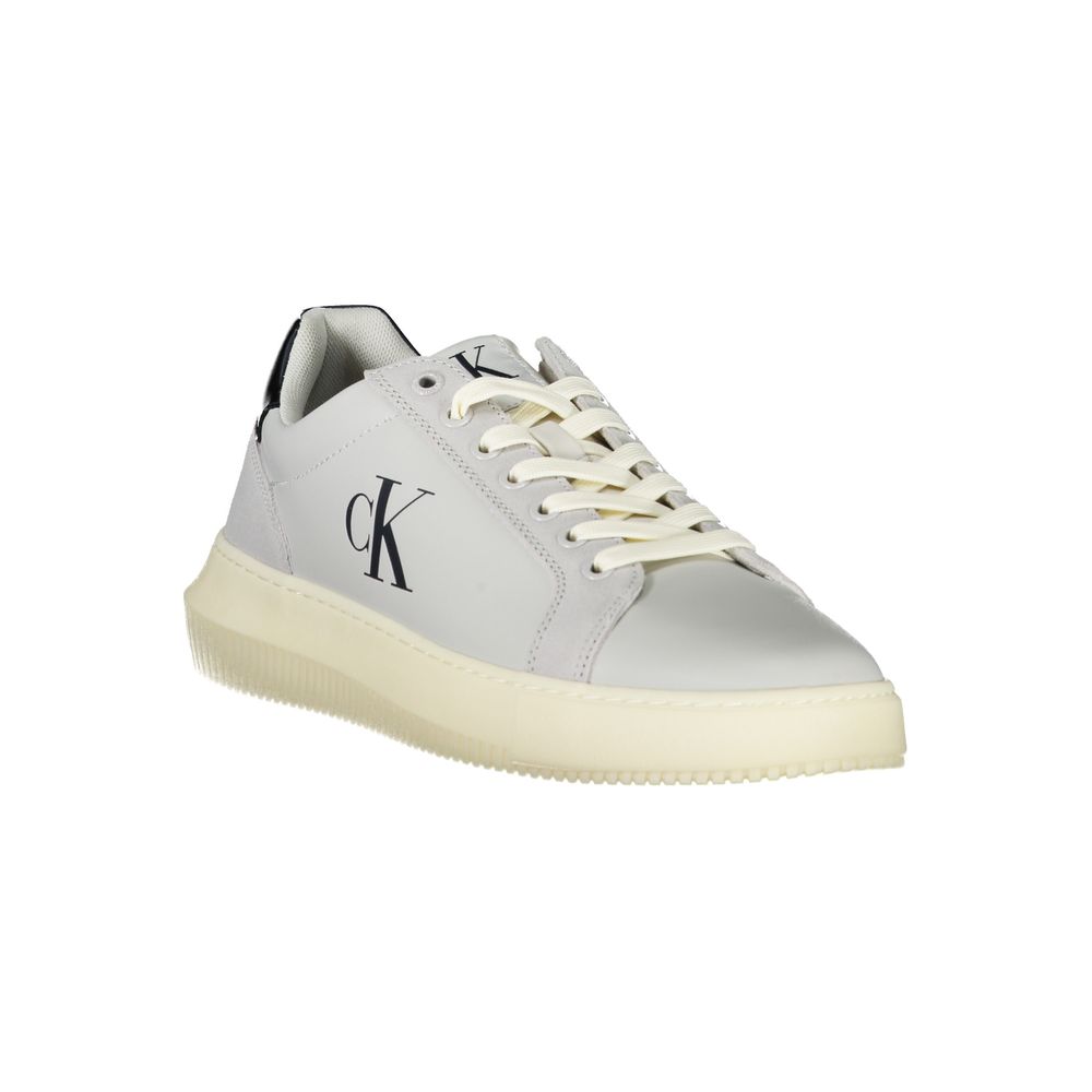 Calvin Klein white polyurethane men's sneaker with sleek design and lace-up closure, displayed on a plain background.