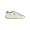 White leather women's sneaker by Calvin Klein with a sleek design and cushioned sole, perfect for casual wear.