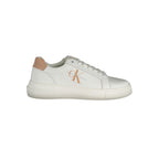 White leather women's sneaker by Calvin Klein with a sleek design and cushioned sole, perfect for casual wear.