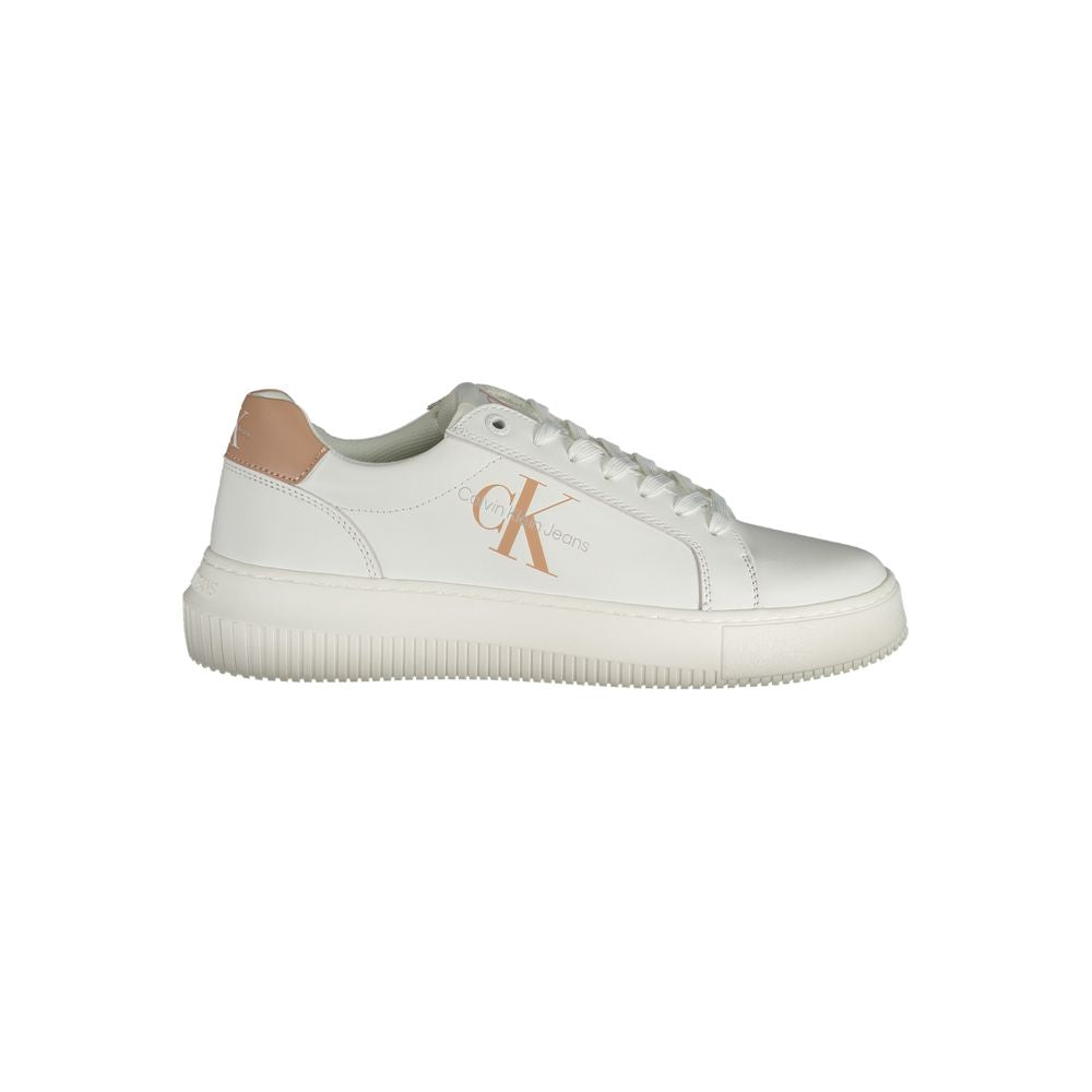 White leather women's sneaker by Calvin Klein with a sleek design and cushioned sole, perfect for casual wear.