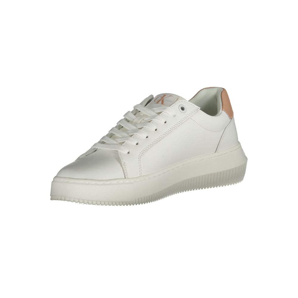 White leather women's sneaker by Calvin Klein featuring a sleek design and clean stitching, ideal for casual and sporty looks.