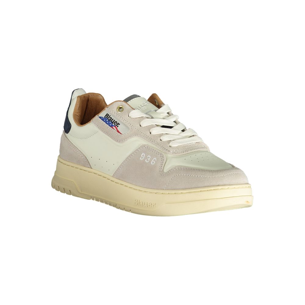 White polyurethane men's sneaker by Blauer with sleek design and lace-up closure, showcasing a modern athletic footwear style.