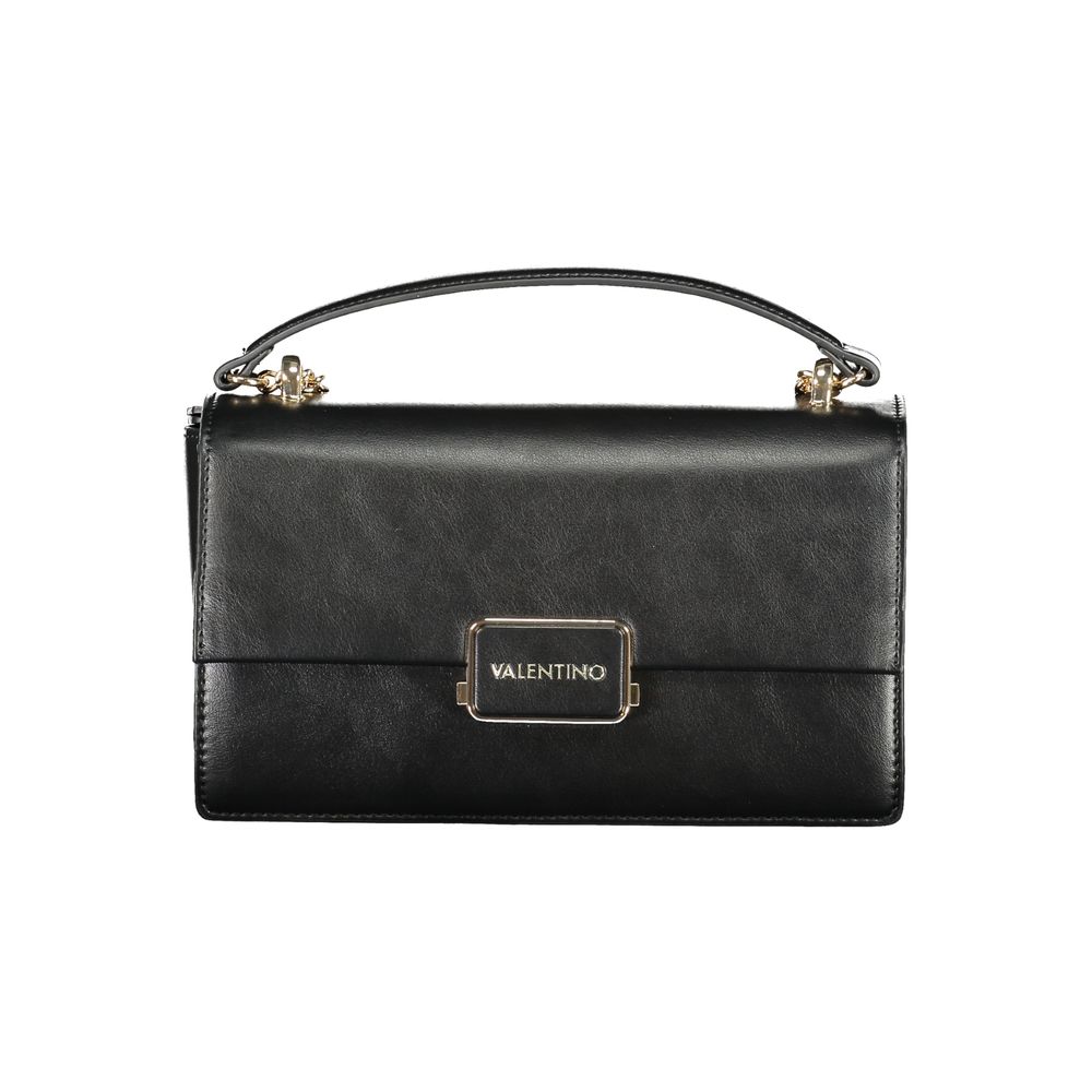 Black polyurethane women's bag by Mario Valentino with sleek design and silver hardware, featuring top handles and a structured shape.