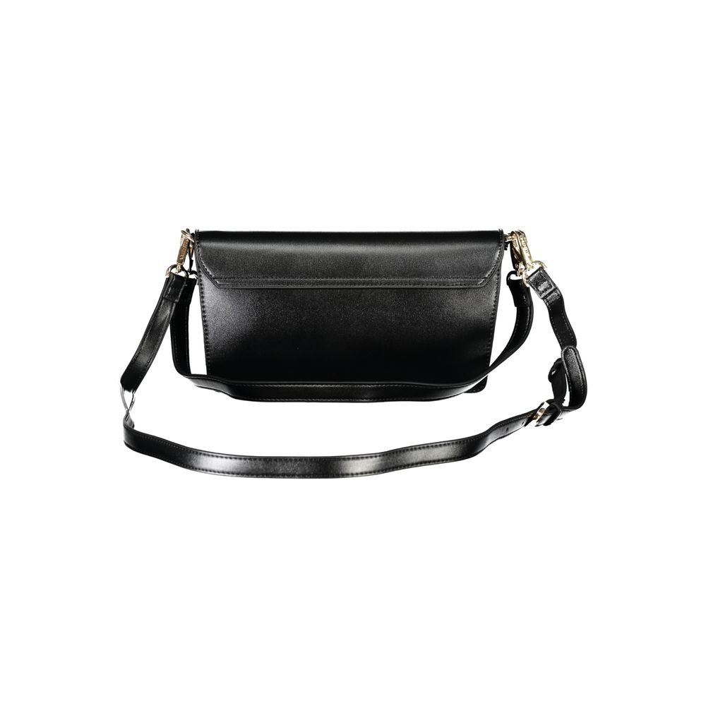 Mario Valentino black polyurethane women's bag with sleek design and gold-tone accents, featuring top handles and spacious interior.