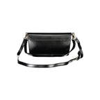 Mario Valentino black polyurethane women's bag with sleek design and gold-tone accents, featuring top handles and spacious interior.
