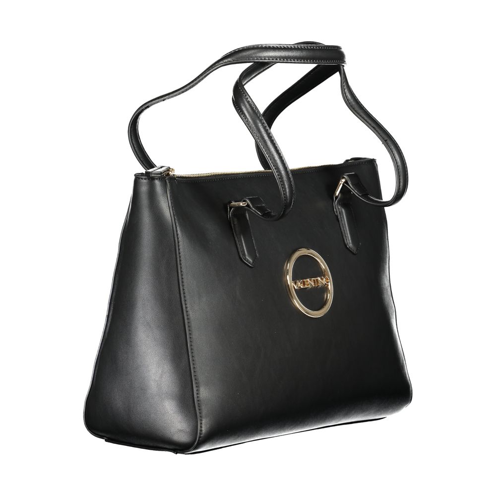 Mario Valentino black polyurethane women's bag with sleek design and silver hardware, featuring a spacious interior and stylish look.