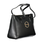 Mario Valentino black polyurethane women's bag with sleek design and silver hardware, featuring a spacious interior and stylish look.