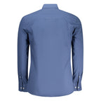 North Sails blue cotton men's shirt displayed on a hanger, showcasing the casual, lightweight fabric and classic design.