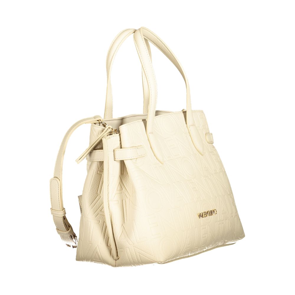 Mario Valentino beige polyurethane women's bag with sleek design and gold-tone hardware, featuring top handles and spacious interior.