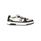 Black Tommy Hilfiger men's polyurethane sneaker with sleek design and white sole, showcasing a modern casual footwear style.