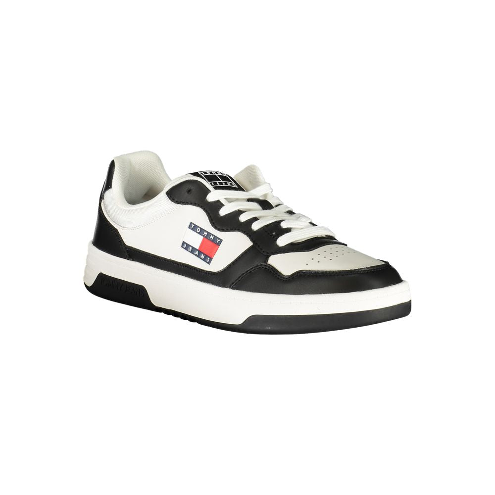 Tommy Hilfiger black polyurethane men's sneaker with white sole and sleek design, casual footwear for everyday wear.