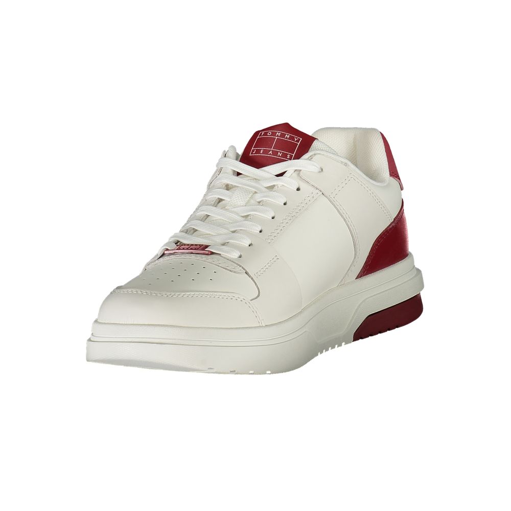 Tommy Hilfiger men's red polyurethane sneaker with white sole and logo details, casual athletic footwear for men.