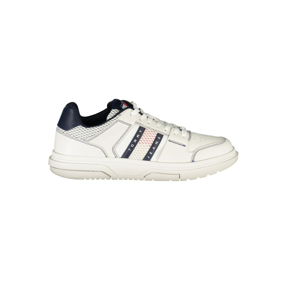 Tommy Hilfiger blue polyurethane men's sneaker with white sole and laces, casual athletic shoe.