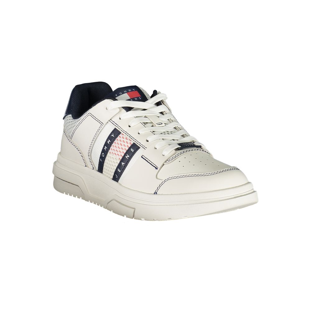 Tommy Hilfiger blue polyurethane men's sneaker with white sole and laces, casual athletic footwear.