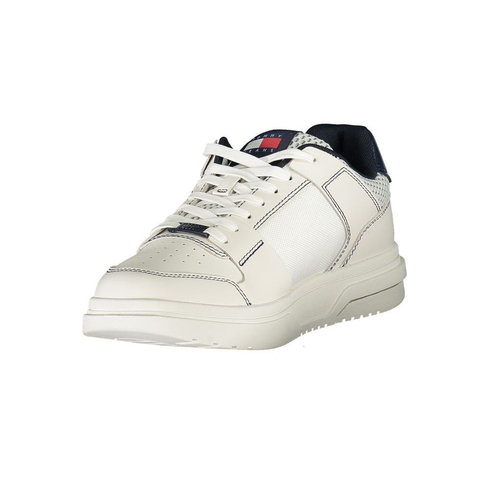 Tommy Hilfiger blue polyurethane men's sneaker with white sole and laces, stylish casual footwear for men.