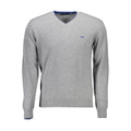 Harmont & Blaine Grigio Lana men's sweater with a classic crew neck and ribbed cuffs, made from soft gray wool fabric.