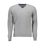 Harmont & Blaine Grigio Lana men's sweater with a classic crew neck and ribbed cuffs, made from soft gray wool fabric.