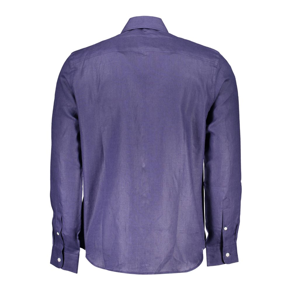 North Sails Blu Linen Men Shirt featuring a classic collar, long sleeves, and a relaxed fit, displayed on a hanger.