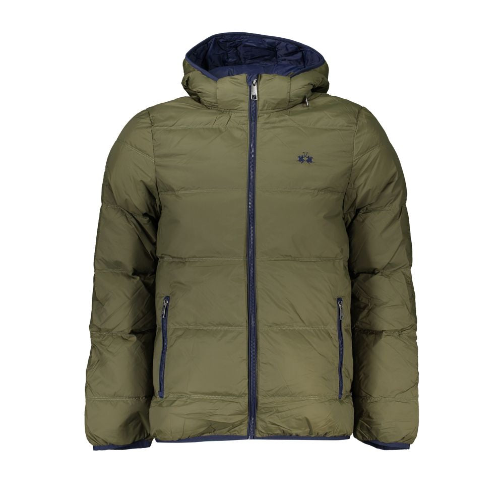La Martina men's green nylon jacket with front zipper and collar, featuring a sleek, sporty design.