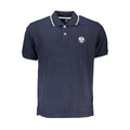 North Sails blue cotton men's polo shirt displayed on a hanger, featuring a classic collar and short sleeves.