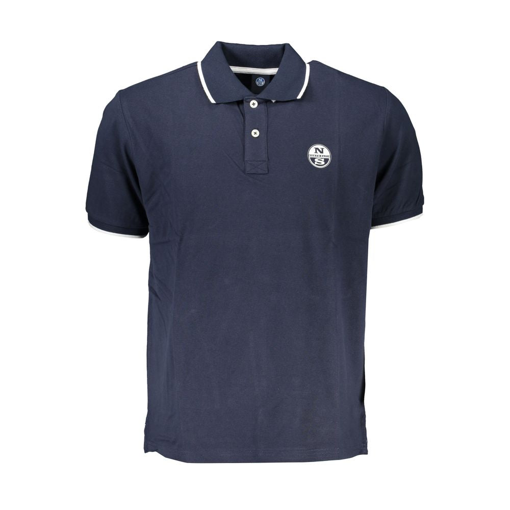 North Sails blue cotton men's polo shirt displayed on a hanger, featuring a classic collar and short sleeves.
