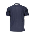North Sails blue cotton men's polo shirt displayed on a model, featuring a classic collar and short sleeves.