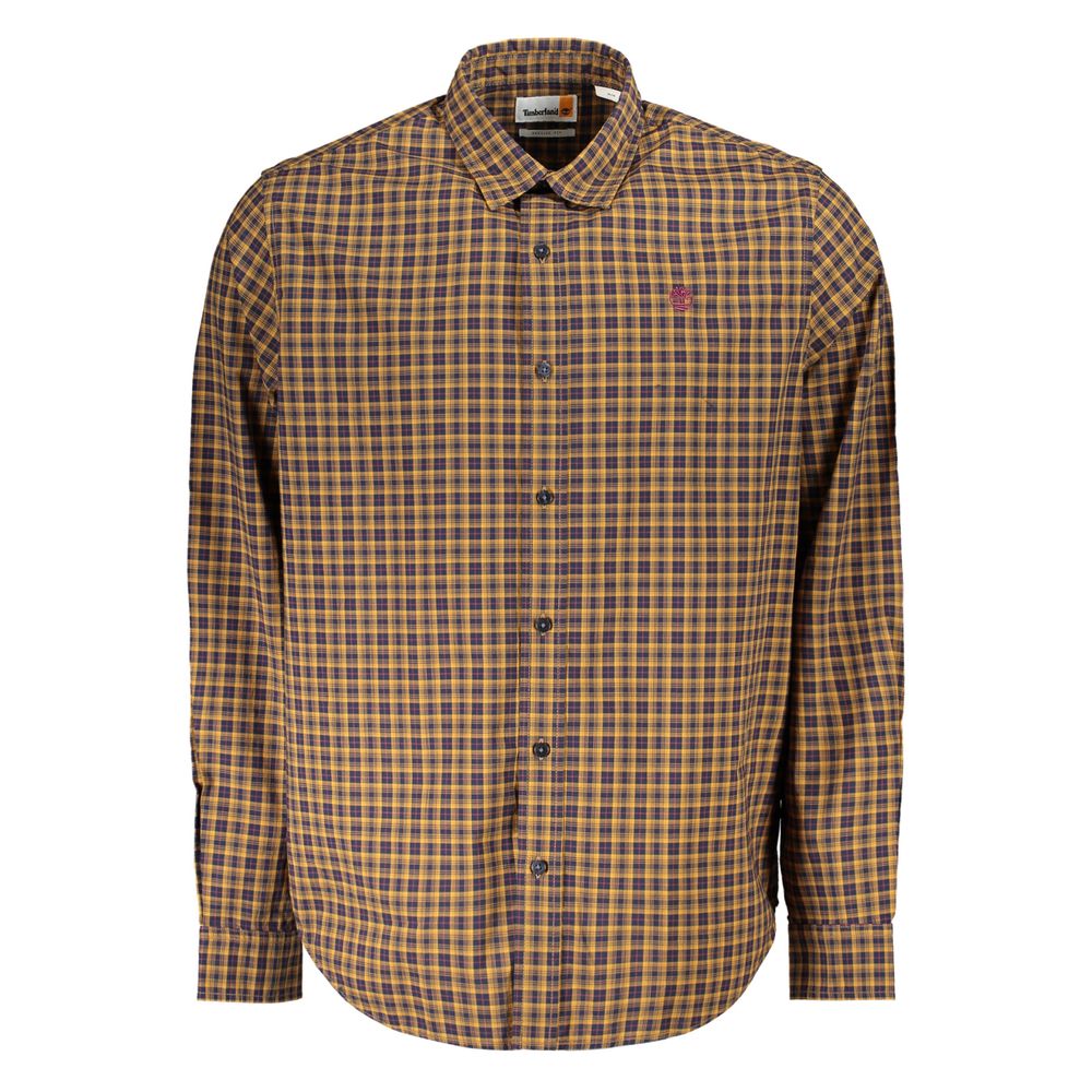 Timberland blue cotton men's shirt displayed on a hanger, featuring a classic button-up design with a collar and long sleeves.