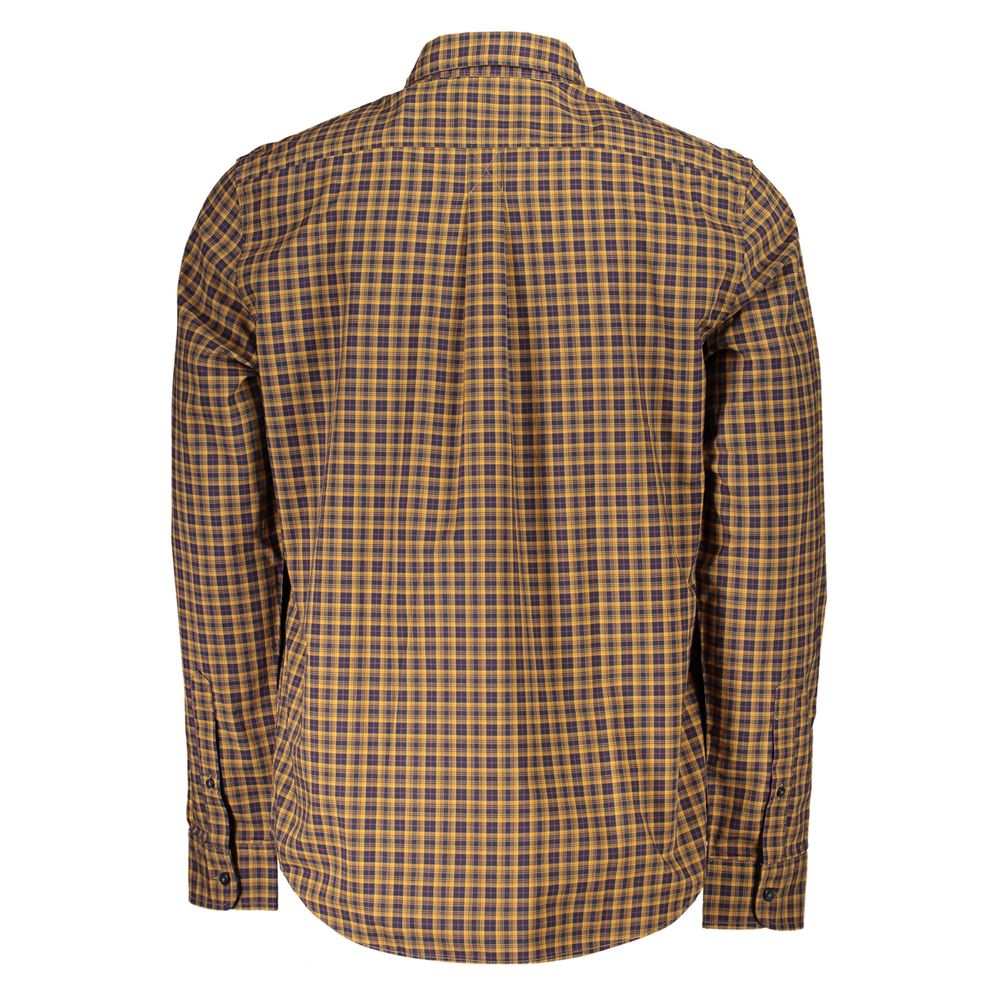 Timberland blue cotton men's shirt displayed on a hanger, featuring a classic collar and button-up front.