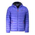 Norway 1963 blue polyamide men's jacket displayed on a hanger, showcasing its lightweight, water-resistant fabric and classic design.