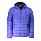 Norway 1963 blue polyamide men's jacket displayed on a hanger, showcasing its lightweight, water-resistant fabric and classic design.