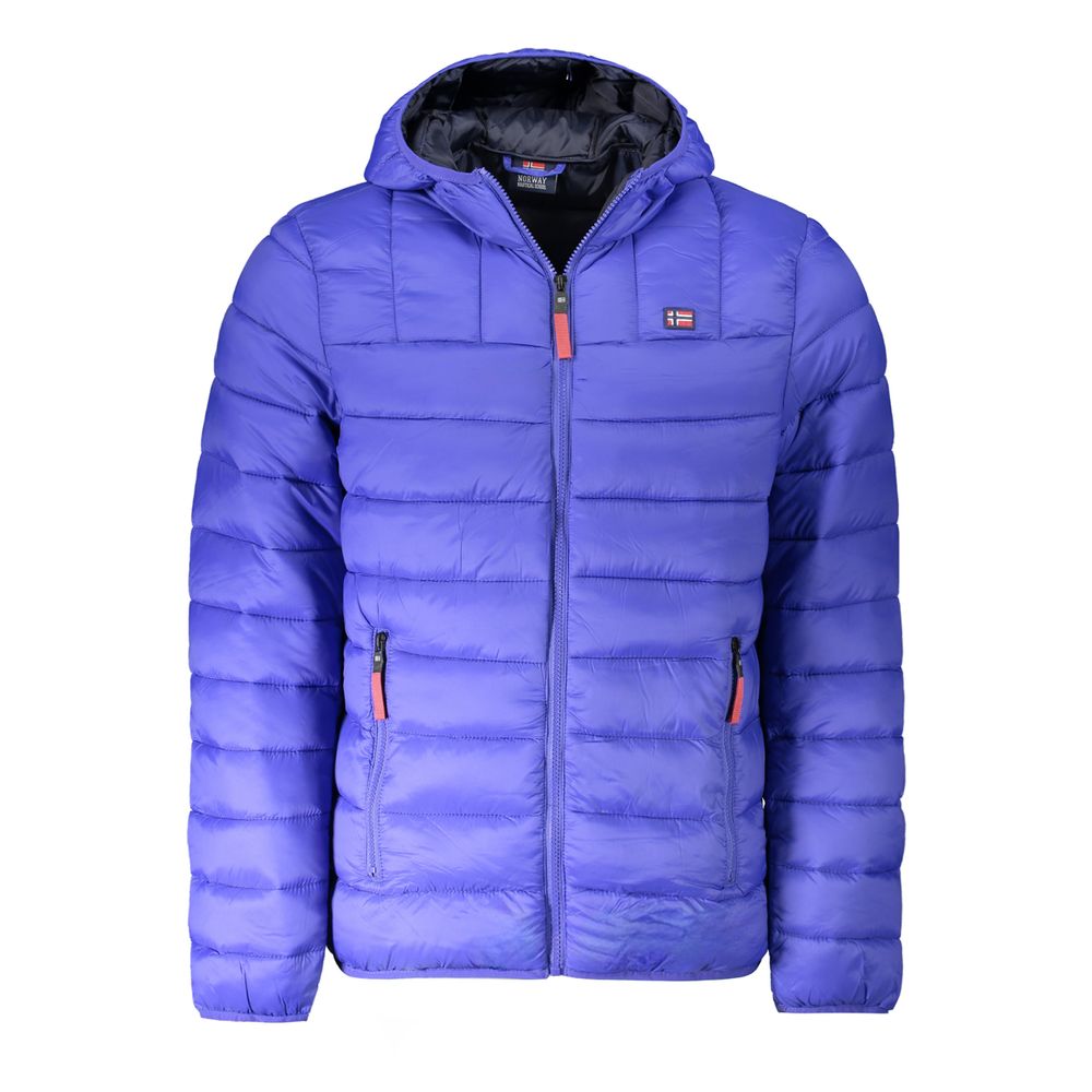 Norway 1963 blue polyamide men's jacket displayed on a hanger, showcasing its lightweight, water-resistant fabric and classic design.