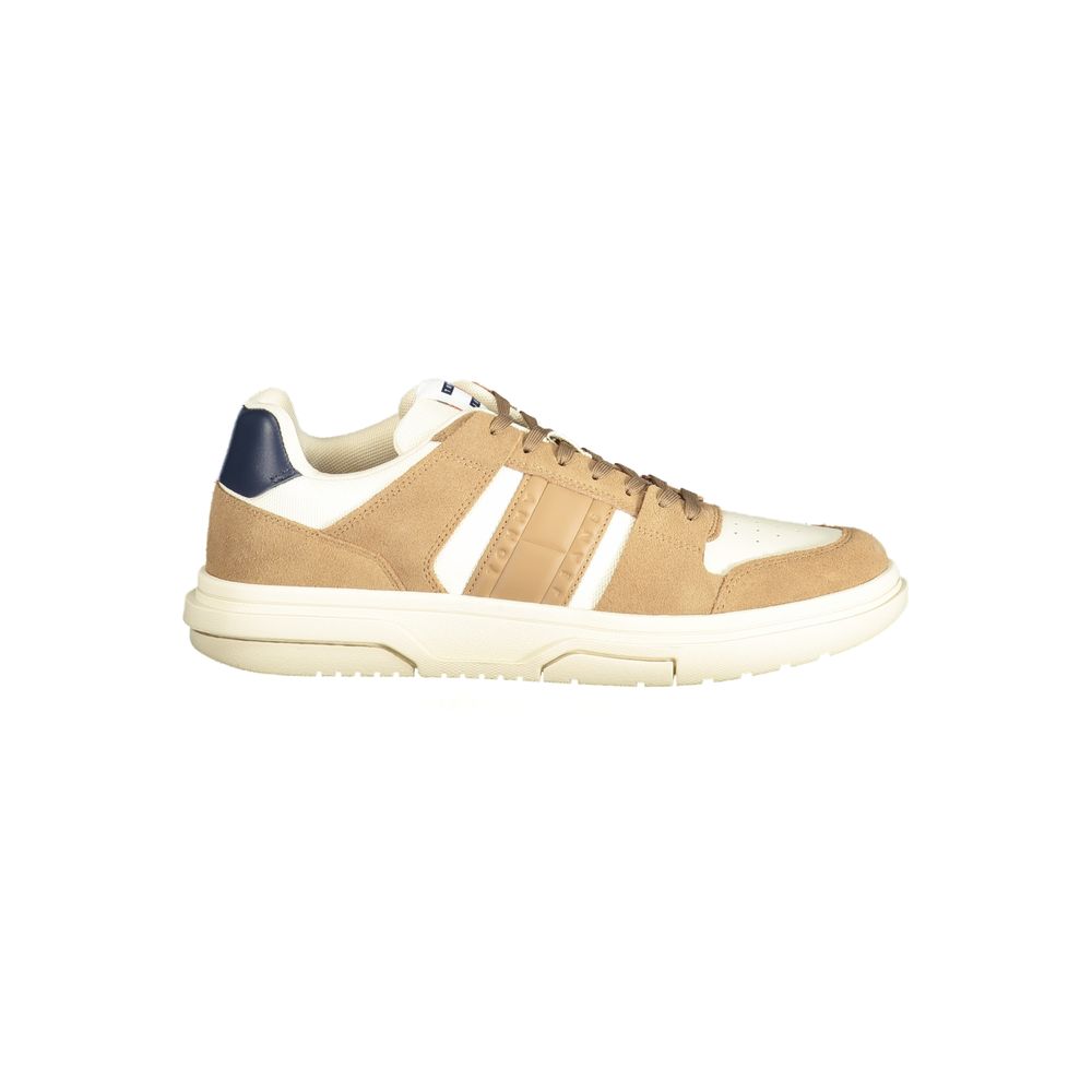 Beige leather men's sneaker by Tommy Hilfiger with white sole and classic logo detail, casual and stylish footwear.